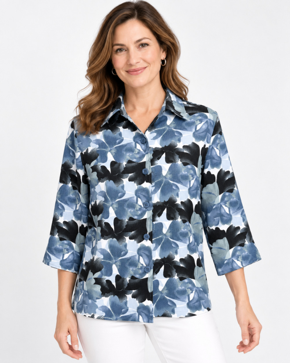 Drapers & Damons Petite Small Blue Floral Button Front Top 3/4 Sleeve NWT